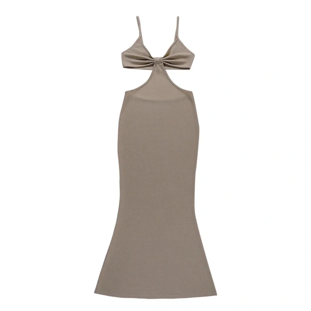 Spaghetti Strap Nude Khaki Cutout Maxi Dress Size Medium - Picture 1 of 8